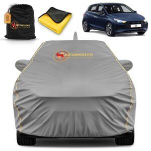 Hyundai New I20 100% Waterproof Car Cover for All Weather Protection with Mirror & Antena Pocket Inner Cotton Triple Stitched Cover with Adjustable Belt Bottom Elastic to Secure Fit -Grey
