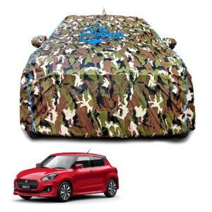 Maruti Swift 2018 2024 2025 Car Body Cover Waterproof with Mirror for Antenna Pocket and Soft Cotton Lining (Full Bottom Elastic Triple Stitched) (Jungle Print with Blue Piping) Style