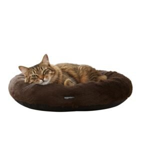 amazon basics Faux Fur Donut Pet Bed |Small (50 x 50 x 12 cm) | Color -Brown | Reversible, Washable, Cozy Mat for Cats & Dogs